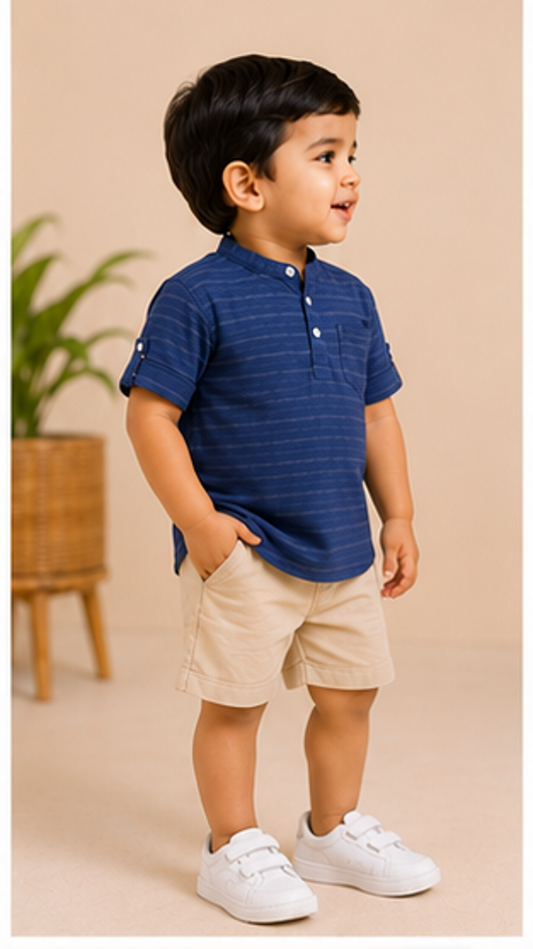 Boys Navy Blue Striped Mandarin Collar Shirt (Full Sleeve)