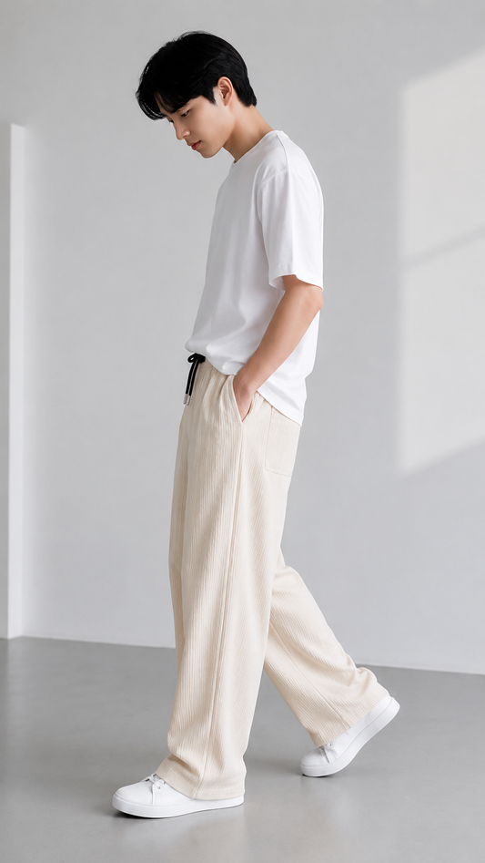 Horcun Men's Ivory Corduroy Drawstring Trousers | Premium Casual Pants