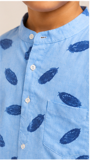 Boys Sky Blue Feather Print Mandarin Collar Shirt (Full Sleeve)