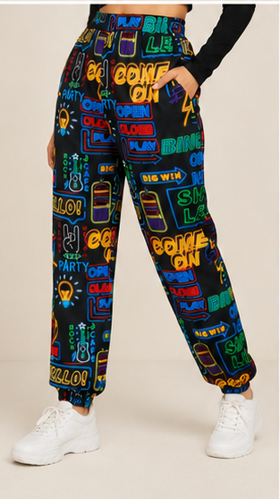 Women Black Graphic Printed Joggers – Stylish Casual Lounge & Streetwear Pants