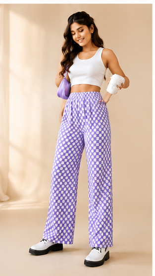 Women Lavender Checkered Wide Leg Pants – Trendy Casual Lounge & Streetwear Trousers
