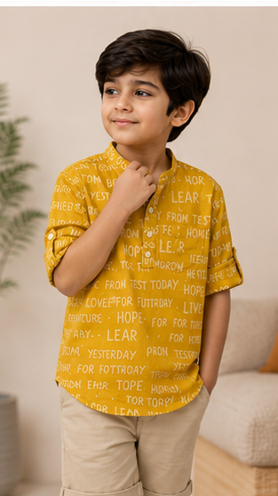 Boys Mustard Yellow Typography Print Mandarin Collar Shirt (Full Sleeve)