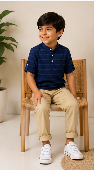 Boys Navy Blue Striped Mandarin Collar Shirt (Full Sleeve)
