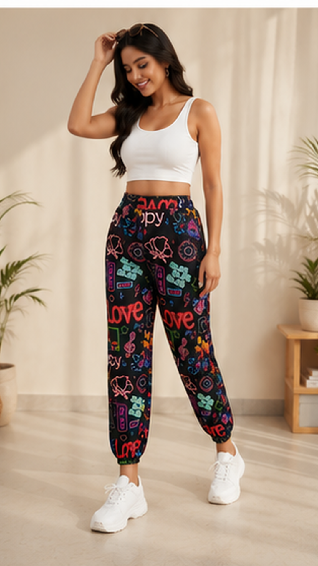 Women Black Neon Printed Joggers – Stylish Casual Lounge & Streetwear Pants