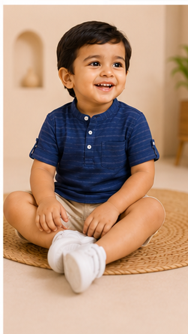 Boys Navy Blue Striped Mandarin Collar Shirt (Full Sleeve)