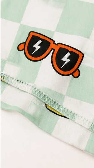 Urban Play Kids Co-Ord Set – Checkered Cartoon Printed T-Shirt & Shorts for Boys & Girls