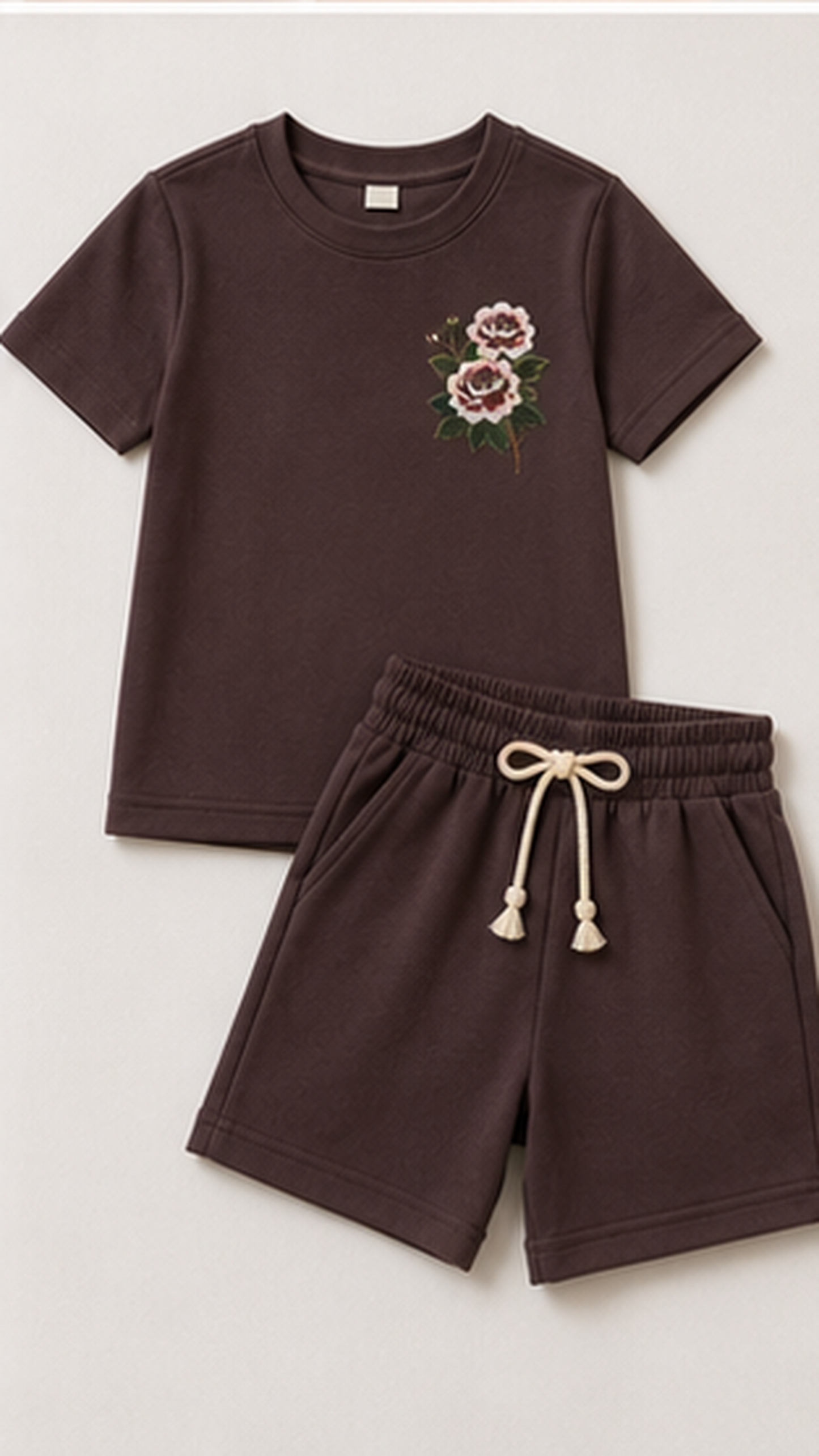 Women’s Coffee Brown Floral Embroidered Co-Ord Set – Casual T-Shirt & Shorts Lounge Wear