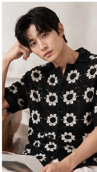Men's Black Crochet Daisy Knit Shirt – Premium Handmade Floral Open Knit Resort Shirt
