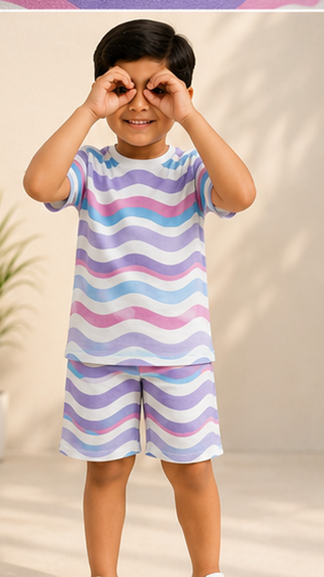 Pastel Wave Stripe Kids Co-Ord Set – Soft Cotton T-Shirt & Shorts Summer Outfit for Boys & Girls