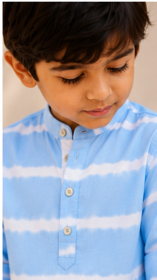 Boys Sky Blue Tie-Dye Striped Mandarin Collar Shirt (Full Sleeve)