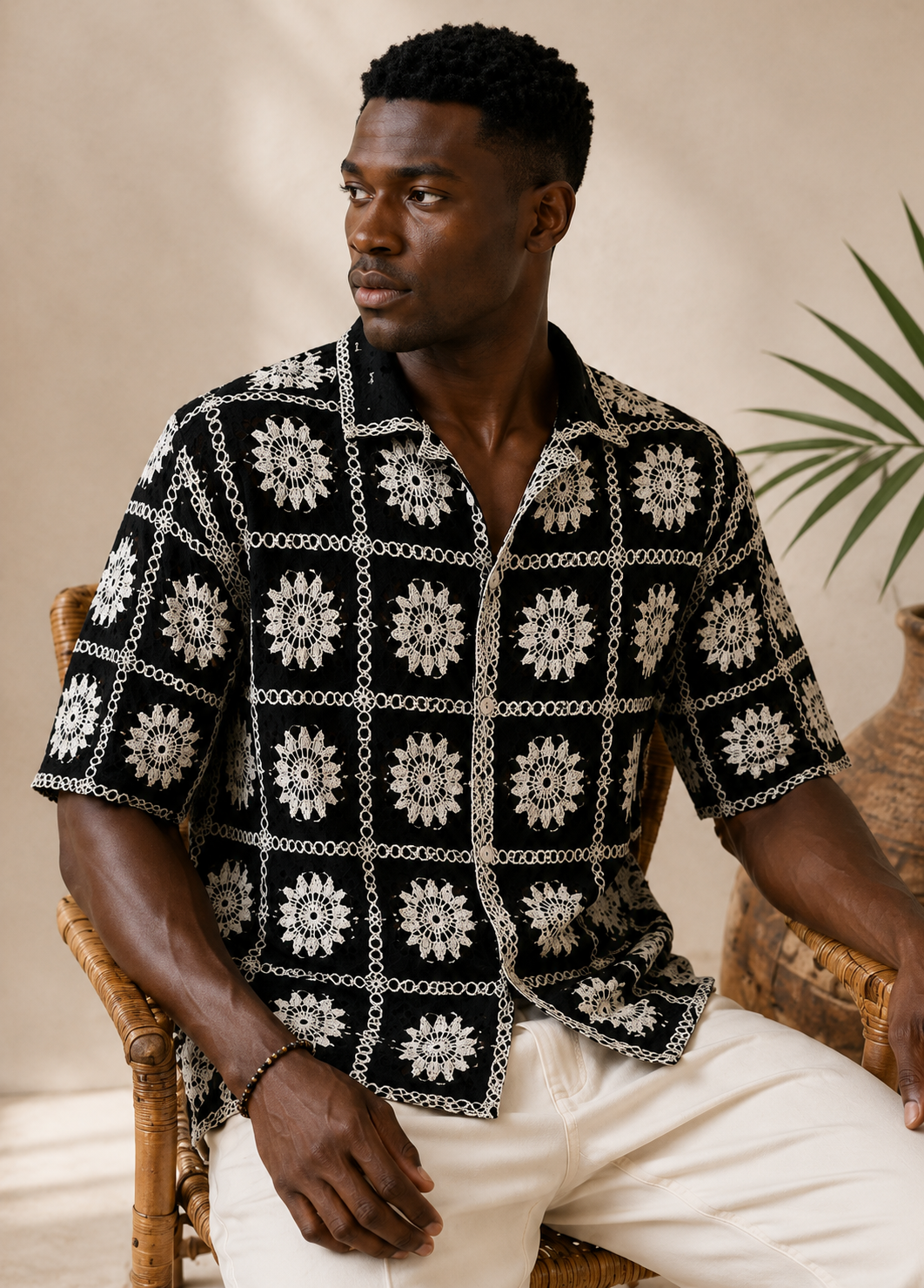 Men's Black Floral Embroidered Shirt – Premium Casual Summer Resort Wear