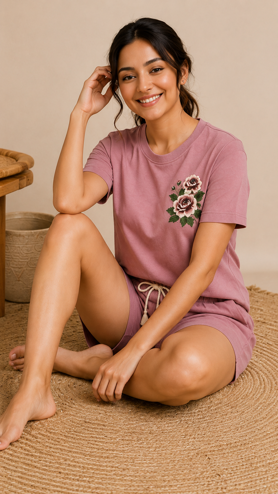 Women’s Dusty Pink Floral Embroidered Co-Ord Set – Casual T-Shirt & Shorts Lounge Wear