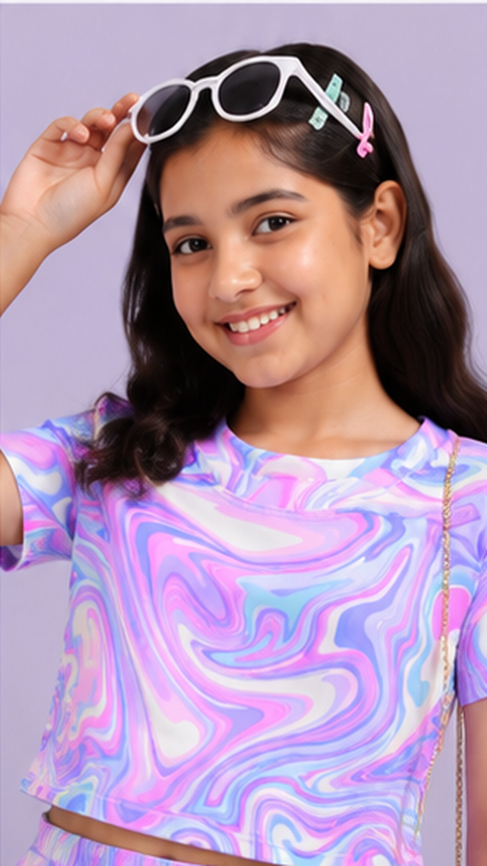 Girls Rainbow Marble Co-Ord Set | Kids Crop Top & Bell Bottom Pants Outfit | Trendy Party Wear for Girls