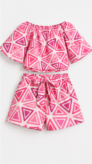 Girls Pink Geometric Off-Shoulder Co-ord Set with Tie-Up Shorts