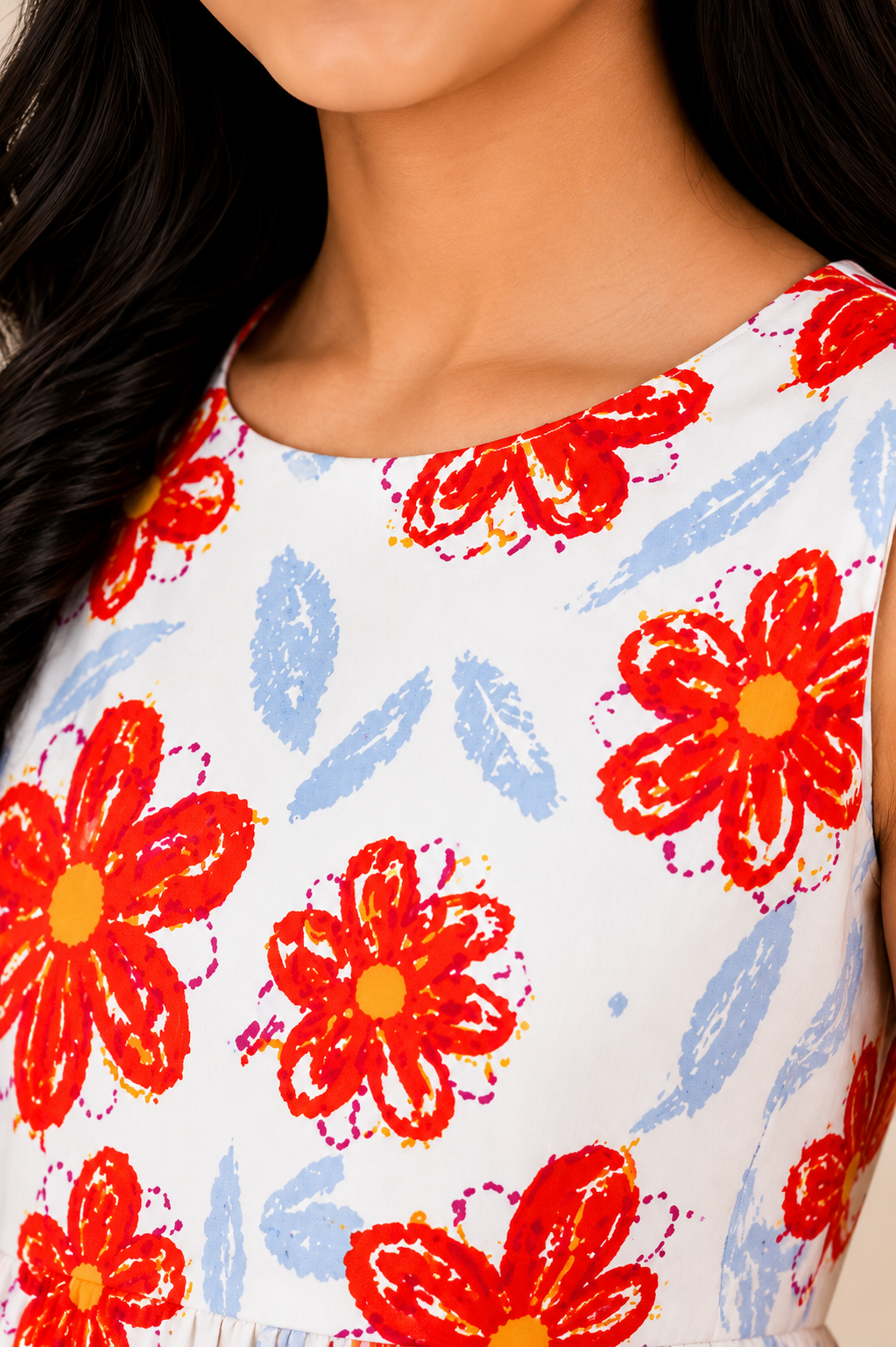 Girls Orange Floral Print Sleeveless Dress – Stylish Cotton Summer Frock for Kids