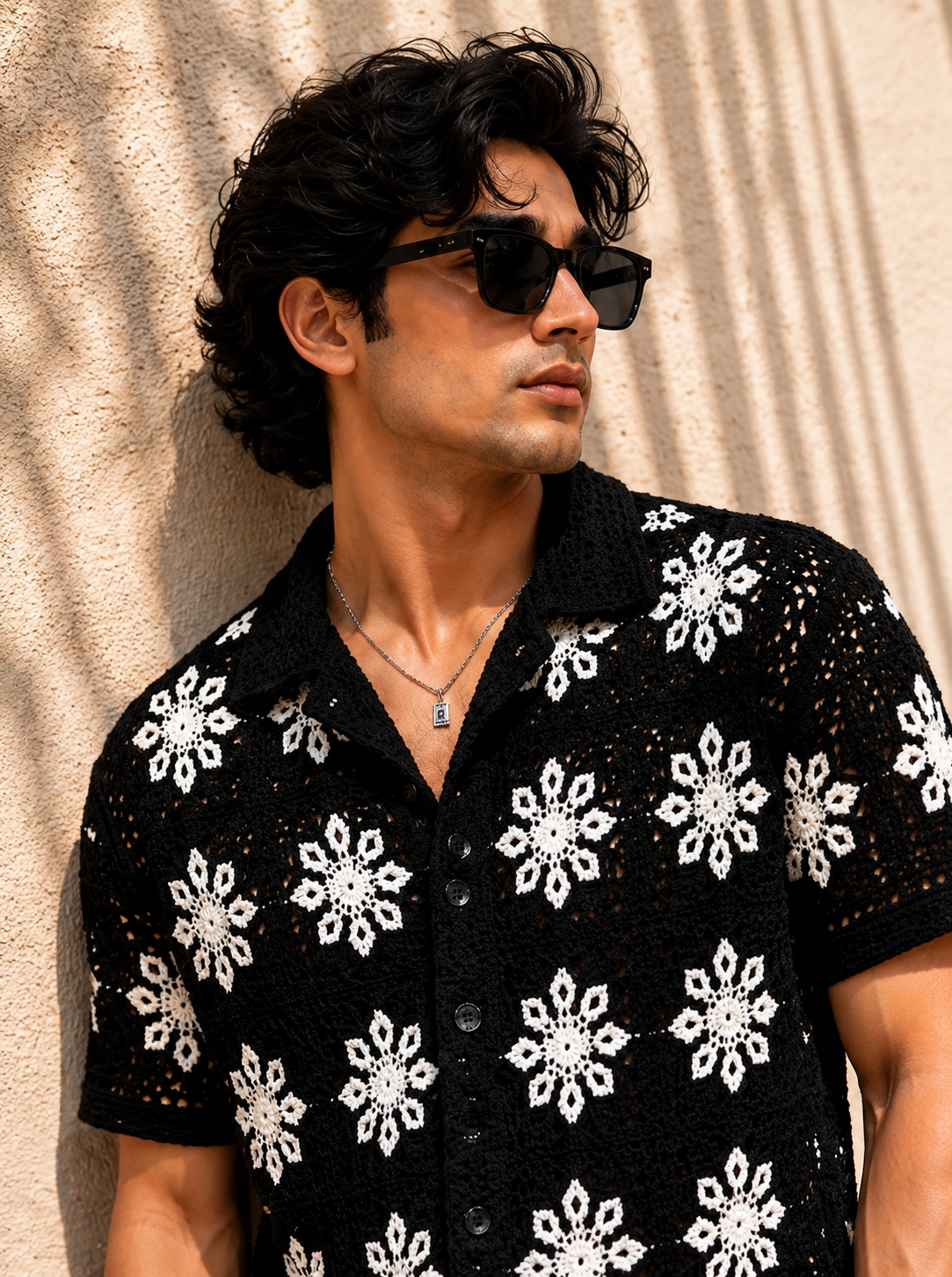 Men's Black Floral Crochet Shirt | Premium Handmade Knit Summer Resort Wear