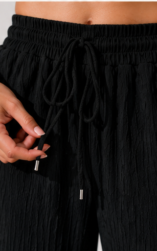 Black Crinkle Palazzo Pants for Women | Elastic Waist Wide Leg Lounge Trousers