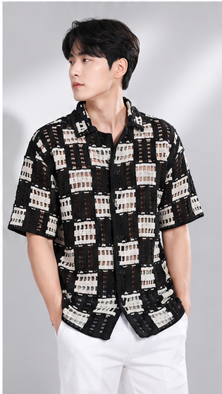 Men's Black & White Geometric Crochet Knit Shirt – Premium Handmade Resort Wear Shirt