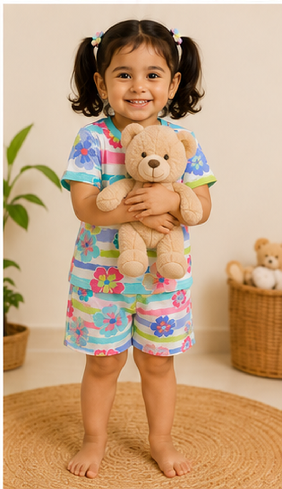 Floral Stripe Kids Co-Ord Set – Multicolor Flower Printed T-Shirt & Shorts for Girls