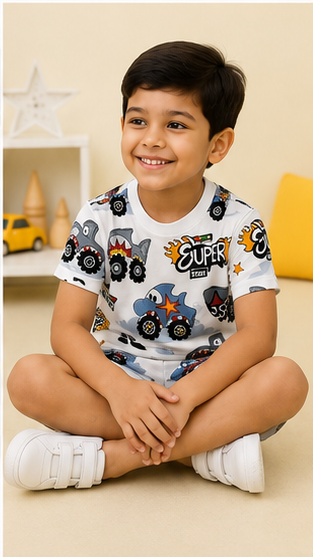 Super Truck Cartoon Print Kids Co-Ord Set – Cotton T-Shirt & Shorts Outfit for Boys