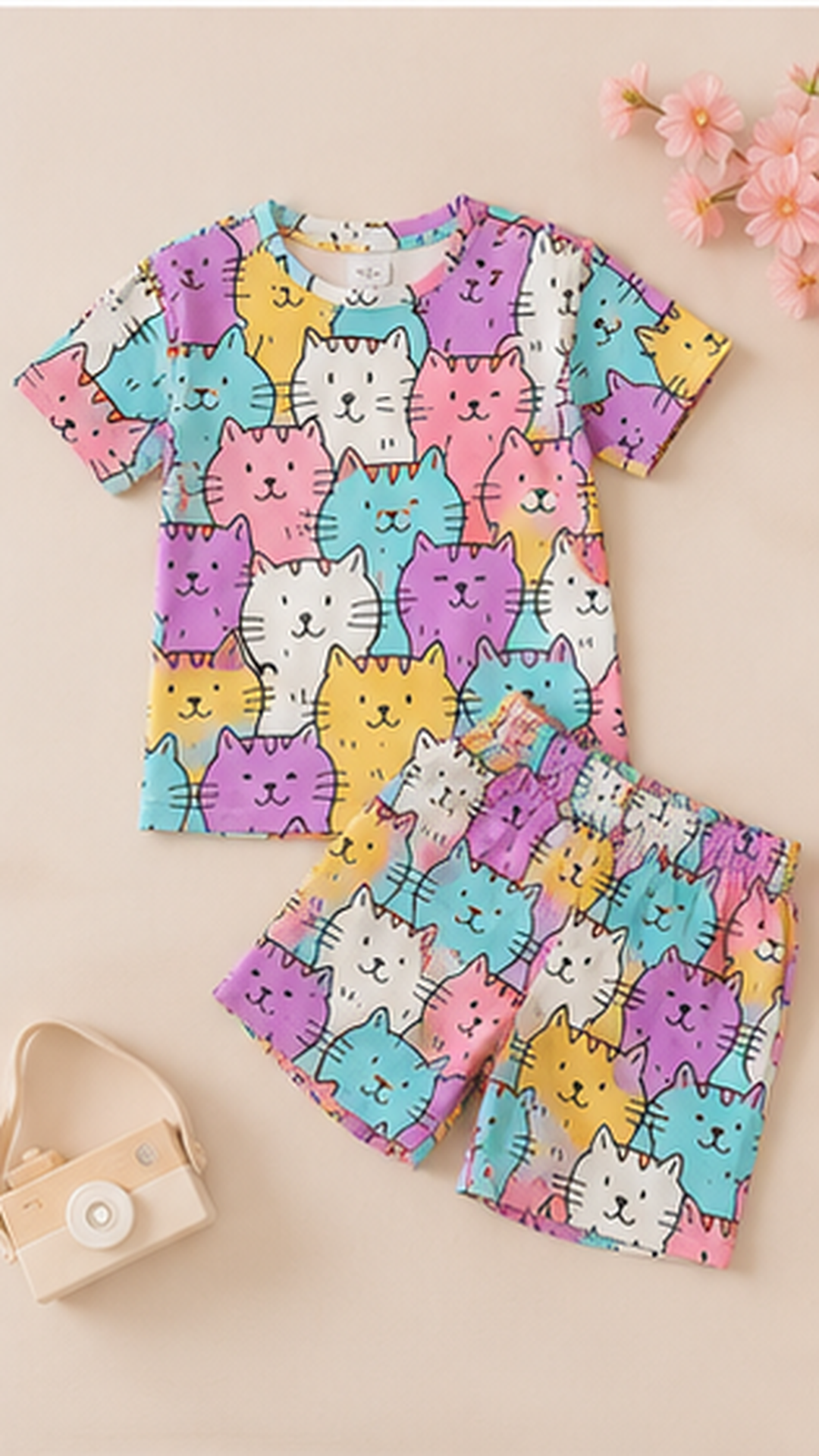 Cute Cat Print Kids Co-Ord Set – Multicolor Cartoon Kitty Cotton T-Shirt & Shorts