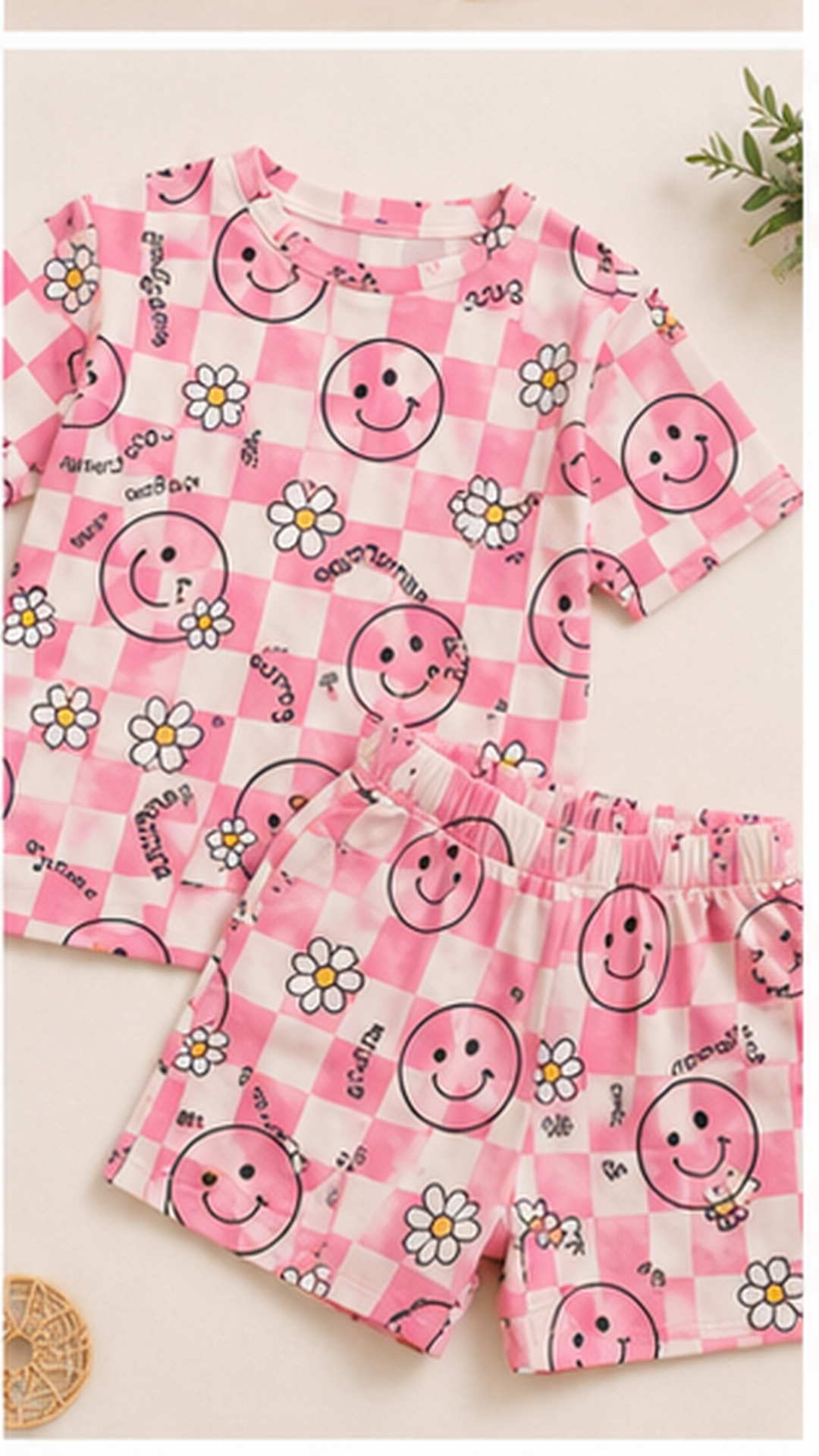 Pink Smiley Checkered Kids Co-Ord Set – Cute Daisy Print T-Shirt & Shorts for Girls