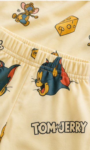 Beige Cartoon Cat & Mouse Kids Co-Ord Set – Cute Animated Print T-Shirt & Shorts for Girls