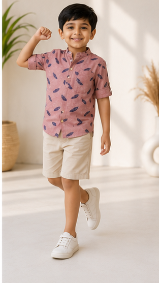 Boys Peach Feather Print Mandarin Collar Shirt (Full Sleeve)
