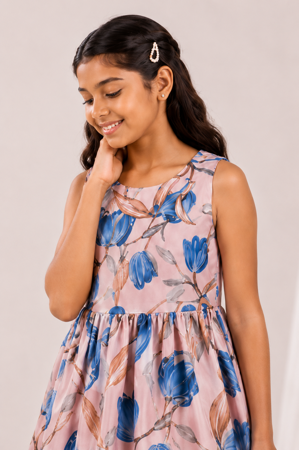 Girls Blush Pink & Blue Floral Print Fit & Flare Dress (Sleeveless)
