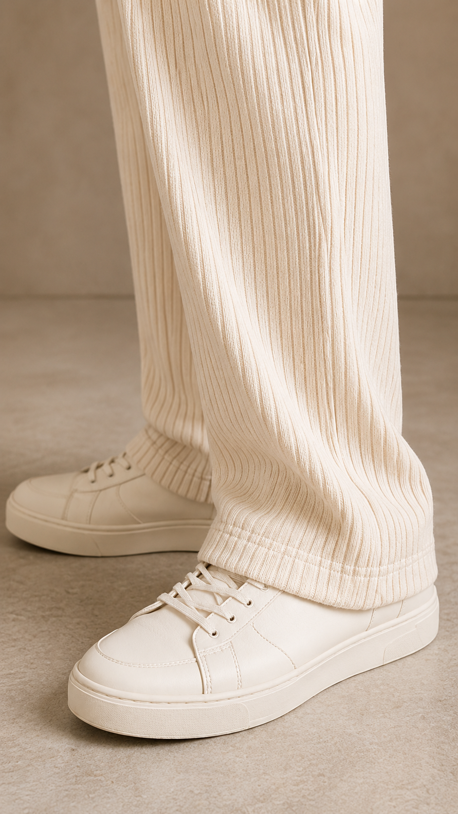 Light Cream Ribbed Track Pants for Men | Premium Textured Relaxed Fit Joggers with Zip Pockets