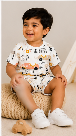 Kids Racing Car Print Co-ord Set | Trendy Car Graphic T-Shirt & Shorts Summer Outfit for Boys