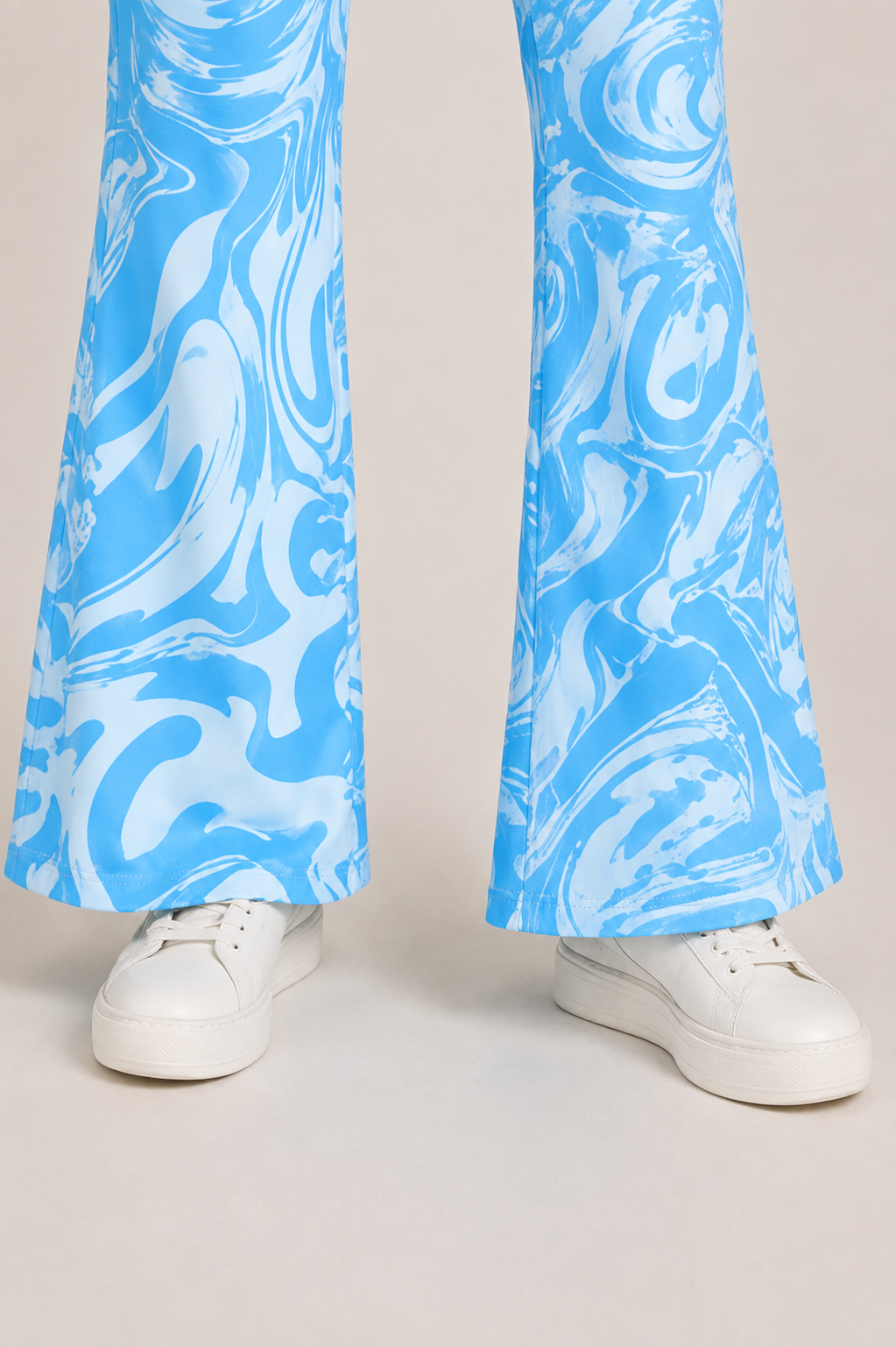 Horcun Women's Sky Blue Marble Print Flared Pants | High Waist Fashion Pants