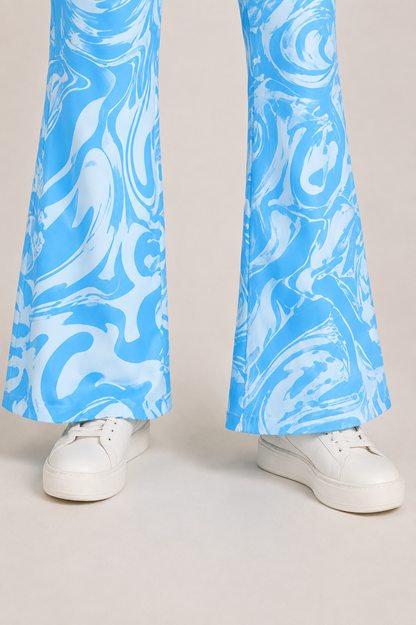 Horcun Women's Sky Blue Marble Print Flared Pants | High Waist Fashion Pants