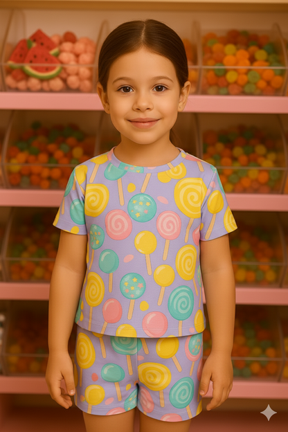 Candy Pop Kids Cord Set | Pastel Lollipop Print T-shirt & Shorts | Soft Cotton Summer Outfit For Girls