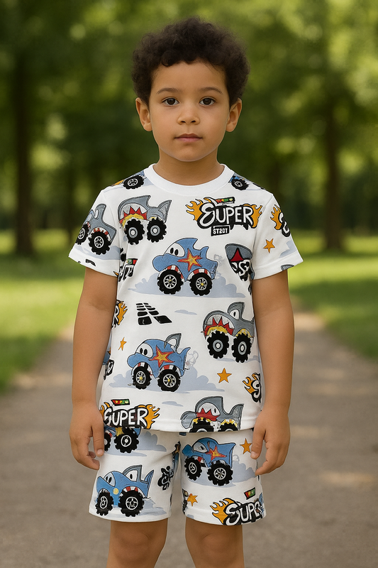 Kids Tinnymotor Print T-Shirt & Shorts Co-ord Set – Soft Looper Polycotton Nightwear / Summer Outfit