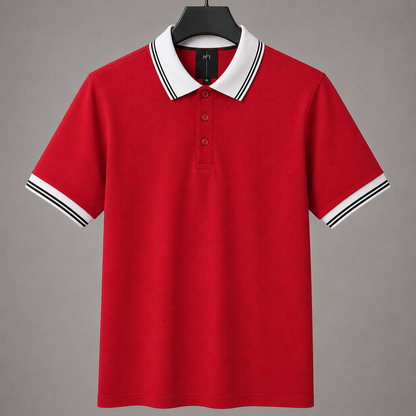 Men’s Premium Red Polo T-Shirt with White Contrast Collar & Sleeve Stripes