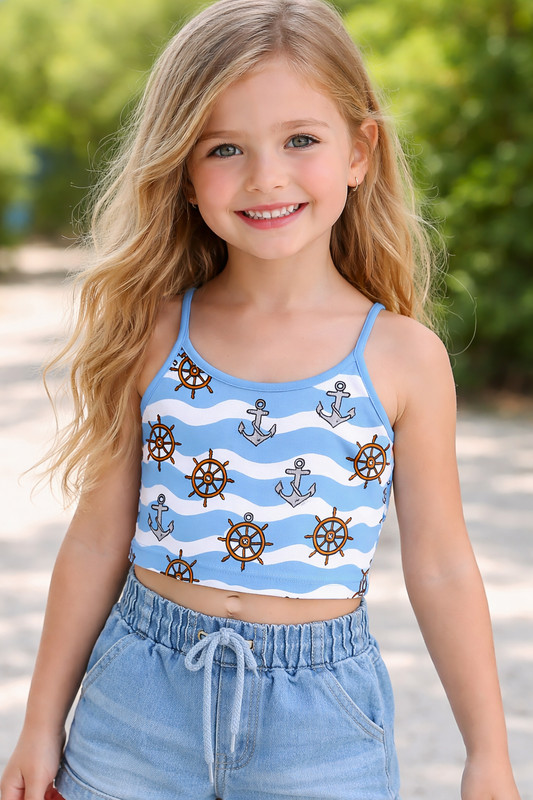 Nautical Print Crop Cami Top – Summer Beach Vibes
