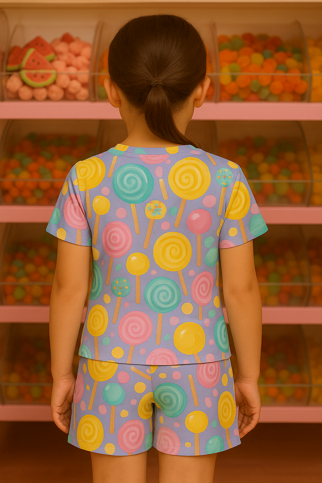 Candy Pop Kids Cord Set | Pastel Lollipop Print T-shirt & Shorts | Soft Cotton Summer Outfit For Girls