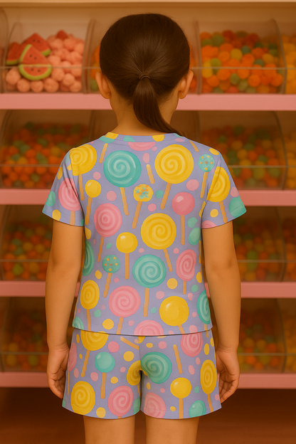 Candy Pop Kids Cord Set | Pastel Lollipop Print T-shirt & Shorts | Soft Cotton Summer Outfit For Girls