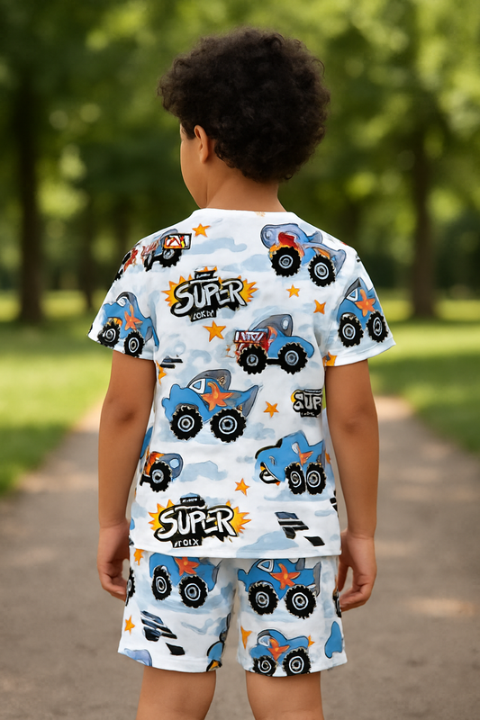 Kids Tinnymotor Print T-Shirt & Shorts Co-ord Set – Soft Looper Polycotton Nightwear / Summer Outfit