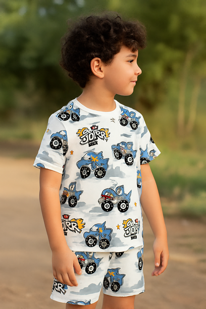 Kids Tinnymotor Print T-Shirt & Shorts Co-ord Set – Soft Looper Polycotton Nightwear / Summer Outfit