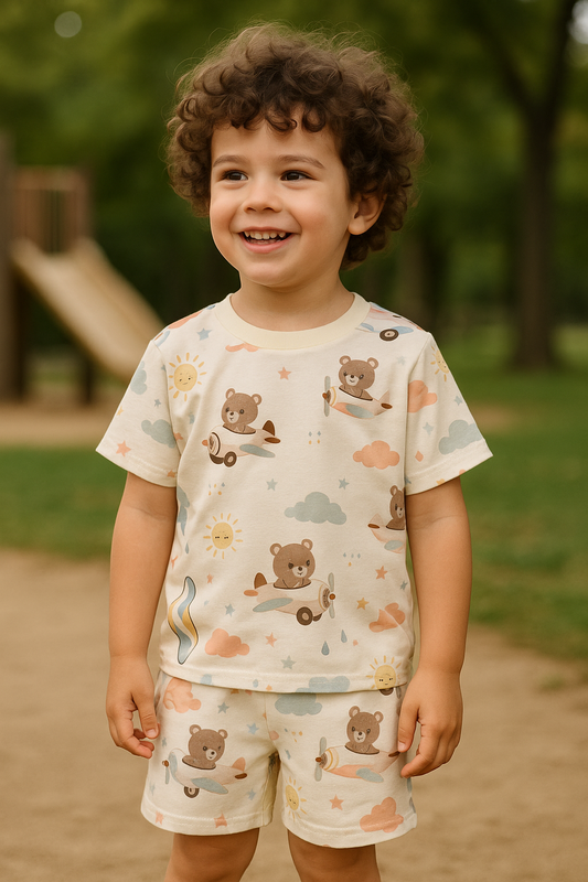 “Sky Bears Cord Set – Cute Flying Teddy Print polyester Outfit for Boys” Half Sleeve T-Shirt & Shorts Co-ord Set – Soft Cotton Nightwear / Lounge Wear