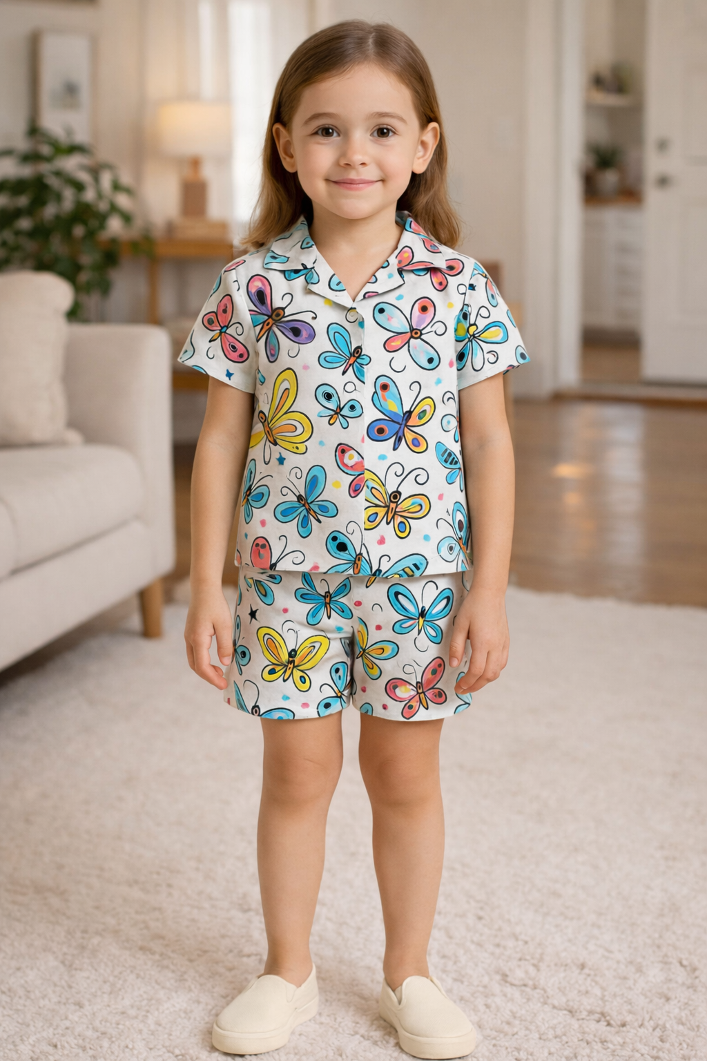 Rainbow Flutter Cord Set | Cute Butterfly Print Kids Outfit | Comfortable Cotton Summer Wear Half Sleeve Shirt And Matching Shorts for Girls