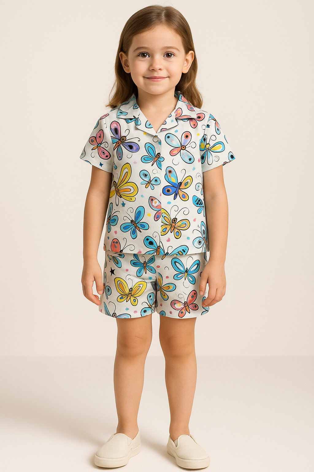 Rainbow Flutter Cord Set | Cute Butterfly Print Kids Outfit | Comfortable Cotton Summer Wear Half Sleeve Shirt And Matching Shorts for Girls