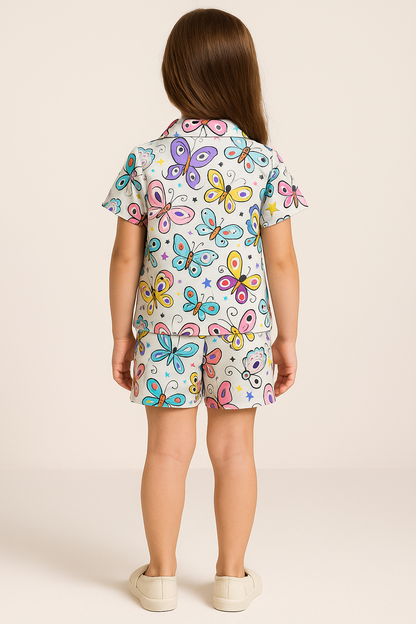 Rainbow Flutter Cord Set | Cute Butterfly Print Kids Outfit | Comfortable Cotton Summer Wear Half Sleeve Shirt And Matching Shorts for Girls