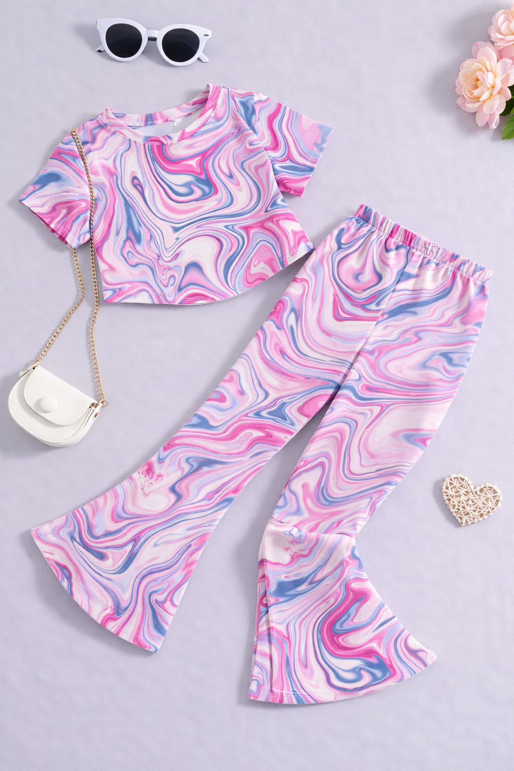 Girls Multicolor Marble Co-Ord Set | Kids Crop Top & Bell Bottom Pants Outfit | Trendy Party Wear for Girls