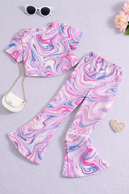 Girls Multicolor Marble Co-Ord Set | Kids Crop Top & Bell Bottom Pants Outfit | Trendy Party Wear for Girls