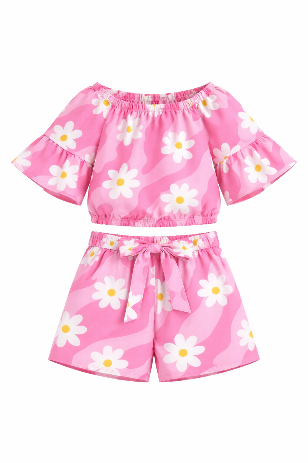 Girls Pink Daisy Floral Off-Shoulder Co-ord Set with Tie-Up Shorts