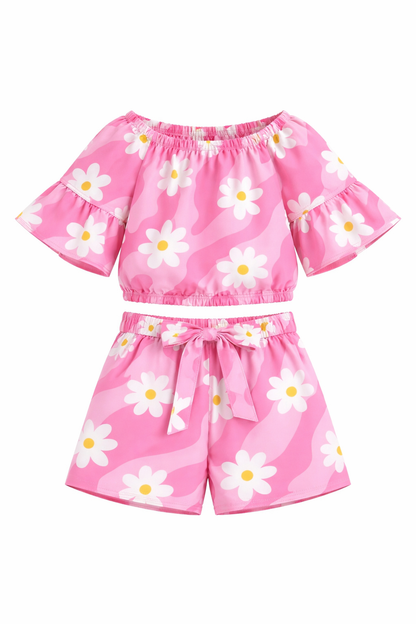 Girls Pink Daisy Floral Off-Shoulder Co-ord Set with Tie-Up Shorts