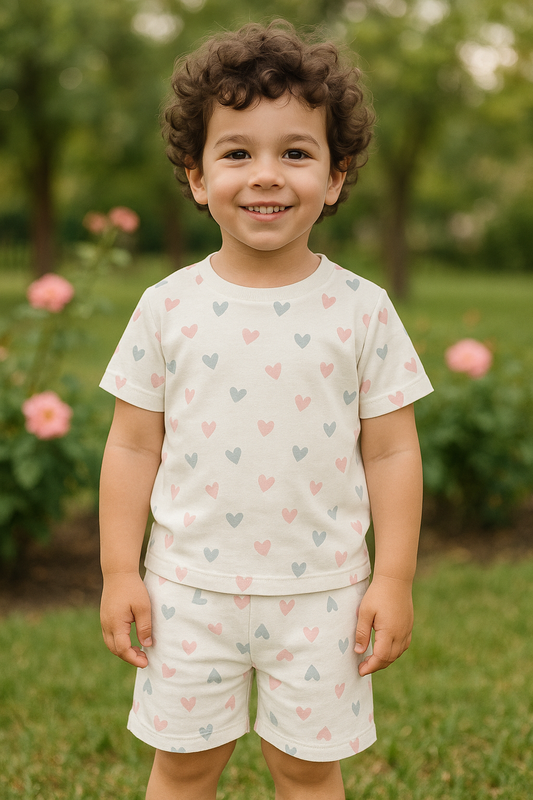 “Sweet Hearts Cord Set – Soft Pastel Heart Print Outfit for Boys” Half Sleeve T-Shirt & Shorts Co-ord Set – Soft polyester Nightwear / Lounge Wear